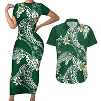 Polynesian Hawaiian Plumeria Tribal Pattern Couples Matching Short Sleeve Bodycon Dress and Hawaiian Shirt Green Version