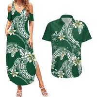 Polynesian Hawaiian Plumeria Tribal Pattern Couples Matching Summer Maxi Dress and Hawaiian Shirt Green Version
