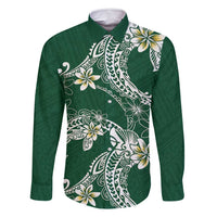 Polynesian Hawaiian Plumeria Tribal Pattern Family Matching Long Sleeve Bodycon Dress and Hawaiian Shirt Green Version