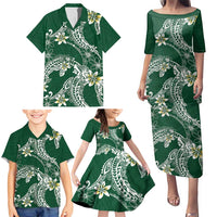 Polynesian Hawaiian Plumeria Tribal Pattern Family Matching Puletasi and Hawaiian Shirt Green Version