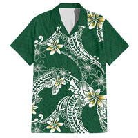 Polynesian Hawaiian Plumeria Tribal Pattern Family Matching Puletasi and Hawaiian Shirt Green Version