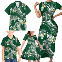 Polynesian Hawaiian Plumeria Tribal Pattern Family Matching Short Sleeve Bodycon Dress and Hawaiian Shirt Green Version