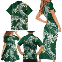 Polynesian Hawaiian Plumeria Tribal Pattern Family Matching Short Sleeve Bodycon Dress and Hawaiian Shirt Green Version
