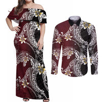 Polynesian Hawaiian Plumeria Tribal Pattern Couples Matching Off Shoulder Maxi Dress and Long Sleeve Button Shirt Special Wine Red Version
