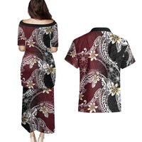 Polynesian Hawaiian Plumeria Tribal Pattern Couples Matching Puletasi and Hawaiian Shirt Special Wine Red Version
