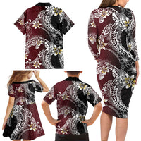 Polynesian Hawaiian Plumeria Tribal Pattern Family Matching Long Sleeve Bodycon Dress and Hawaiian Shirt Special Wine Red Version