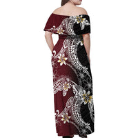Polynesian Hawaiian Plumeria Tribal Pattern Family Matching Off Shoulder Maxi Dress and Hawaiian Shirt Special Wine Red Version