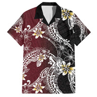 Polynesian Hawaiian Plumeria Tribal Pattern Family Matching Off Shoulder Short Dress and Hawaiian Shirt Special Wine Red Version