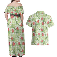 Anthurium Pikake Ti Leaf Palaka Couples Matching Off Shoulder Maxi Dress and Hawaiian Shirt Green Version