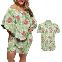 Anthurium Pikake Ti Leaf Palaka Couples Matching Off Shoulder Short Dress and Hawaiian Shirt Green Version
