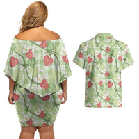 Anthurium Pikake Ti Leaf Palaka Couples Matching Off Shoulder Short Dress and Hawaiian Shirt Green Version