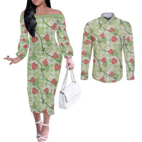 Anthurium Pikake Ti Leaf Palaka Couples Matching Off The Shoulder Long Sleeve Dress and Long Sleeve Button Shirt Green Version LT01 Green - Polynesian Pride
