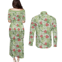 Anthurium Pikake Ti Leaf Palaka Couples Matching Puletasi and Long Sleeve Button Shirt Green Version LT01 - Polynesian Pride