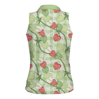 Anthurium Pikake Ti Leaf Palaka Women Sleeveless Polo Shirt Green Version LT01 - Polynesian Pride