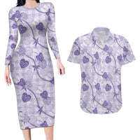 Anthurium Pikake Ti Leaf Palaka Couples Matching Long Sleeve Bodycon Dress and Hawaiian Shirt Purple Version