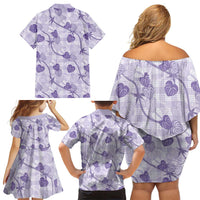 Anthurium Pikake Ti Leaf Palaka Family Matching Off Shoulder Short Dress and Hawaiian Shirt Purple Version