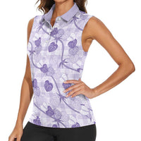 Anthurium Pikake Ti Leaf Palaka Women Sleeveless Polo Shirt Purple Version LT01 - Polynesian Pride