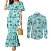 Anthurium Pikake Ti Leaf Palaka Couples Matching Mermaid Dress and Long Sleeve Button Shirt Turquoise Version