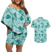 Anthurium Pikake Ti Leaf Palaka Couples Matching Off Shoulder Short Dress and Hawaiian Shirt Turquoise Version