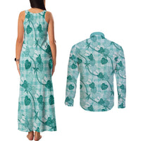 Anthurium Pikake Ti Leaf Palaka Couples Matching Tank Maxi Dress and Long Sleeve Button Shirt Turquoise Version