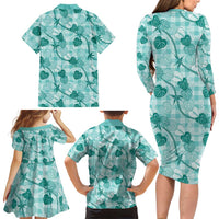 Anthurium Pikake Ti Leaf Palaka Family Matching Long Sleeve Bodycon Dress and Hawaiian Shirt Turquoise Version