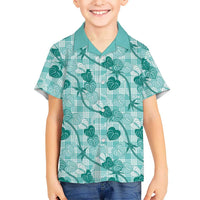 Anthurium Pikake Ti Leaf Palaka Family Matching Off Shoulder Short Dress and Hawaiian Shirt Turquoise Version