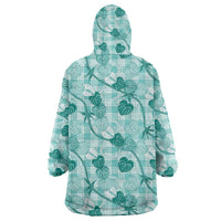 Anthurium Pikake Ti Leaf Palaka Wearable Blanket Hoodie Turquoise Version