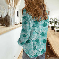 Anthurium Pikake Ti Leaf Palaka Women Casual Shirt Turquoise Version