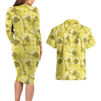 Anthurium Pikake Ti Leaf Palaka Couples Matching Long Sleeve Bodycon Dress and Hawaiian Shirt Yellow Version LT01 - Polynesian Pride