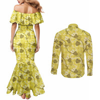 Anthurium Pikake Ti Leaf Palaka Couples Matching Mermaid Dress and Long Sleeve Button Shirt Yellow Version