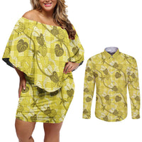 Anthurium Pikake Ti Leaf Palaka Couples Matching Off Shoulder Short Dress and Long Sleeve Button Shirt Yellow Version