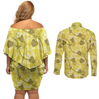 Anthurium Pikake Ti Leaf Palaka Couples Matching Off Shoulder Short Dress and Long Sleeve Button Shirt Yellow Version