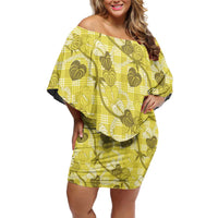 Anthurium Pikake Ti Leaf Palaka Family Matching Off Shoulder Short Dress and Hawaiian Shirt Yellow Version