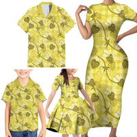 Anthurium Pikake Ti Leaf Palaka Family Matching Short Sleeve Bodycon Dress and Hawaiian Shirt Yellow Version