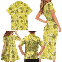 Anthurium Pikake Ti Leaf Palaka Family Matching Short Sleeve Bodycon Dress and Hawaiian Shirt Yellow Version