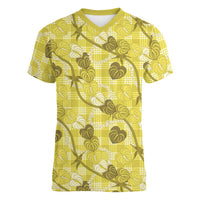 Anthurium Pikake Ti Leaf Palaka Women V-Neck T-Shirt Yellow Version LT01 Female Yellow - Polynesian Pride