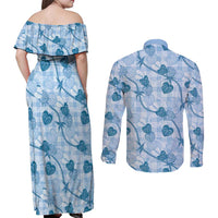 Anthurium Pikake Ti Leaf Palaka Couples Matching Off Shoulder Maxi Dress and Long Sleeve Button Shirt Blue Version