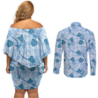 Anthurium Pikake Ti Leaf Palaka Couples Matching Off Shoulder Short Dress and Long Sleeve Button Shirt Blue Version