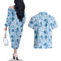 Anthurium Pikake Ti Leaf Palaka Couples Matching Off The Shoulder Long Sleeve Dress and Hawaiian Shirt Blue Version LT01 - Polynesian Pride