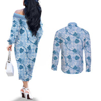 Anthurium Pikake Ti Leaf Palaka Couples Matching Off The Shoulder Long Sleeve Dress and Long Sleeve Button Shirt Blue Version