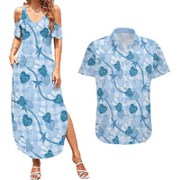 Anthurium Pikake Ti Leaf Palaka Couples Matching Summer Maxi Dress and Hawaiian Shirt Blue Version