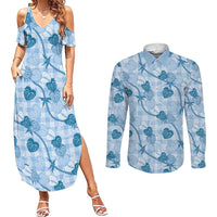 Anthurium Pikake Ti Leaf Palaka Couples Matching Summer Maxi Dress and Long Sleeve Button Shirt Blue Version LT01 Blue - Polynesian Pride