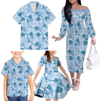 Anthurium Pikake Ti Leaf Palaka Family Matching Off The Shoulder Long Sleeve Dress and Hawaiian Shirt Blue Version