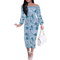 Anthurium Pikake Ti Leaf Palaka Family Matching Off The Shoulder Long Sleeve Dress and Hawaiian Shirt Blue Version
