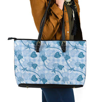 Anthurium Pikake Ti Leaf Palaka Leather Tote Bag Blue Version LT01 - Polynesian Pride
