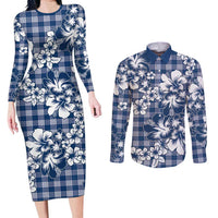 Hibiscus Pakala Cobalt Blue Royal Couples Matching Long Sleeve Bodycon Dress and Long Sleeve Button Shirt Tropical Floral Stylized - Polynesian Pride