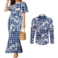 Hibiscus Pakala Cobalt Blue Royal Couples Matching Mermaid Dress and Long Sleeve Button Shirt Tropical Floral Stylized - Polynesian Pride