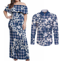Hibiscus Pakala Cobalt Blue Royal Couples Matching Off Shoulder Maxi Dress and Long Sleeve Button Shirt Tropical Floral Stylized - Polynesian Pride