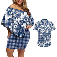 Hibiscus Pakala Cobalt Blue Royal Couples Matching Off Shoulder Short Dress and Hawaiian Shirt Tropical Floral Stylized - Polynesian Pride