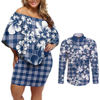 Hibiscus Pakala Cobalt Blue Royal Couples Matching Off Shoulder Short Dress and Long Sleeve Button Shirt Tropical Floral Stylized - Polynesian Pride